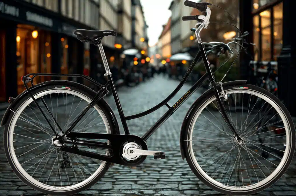 Sort damecykel på brostensvej